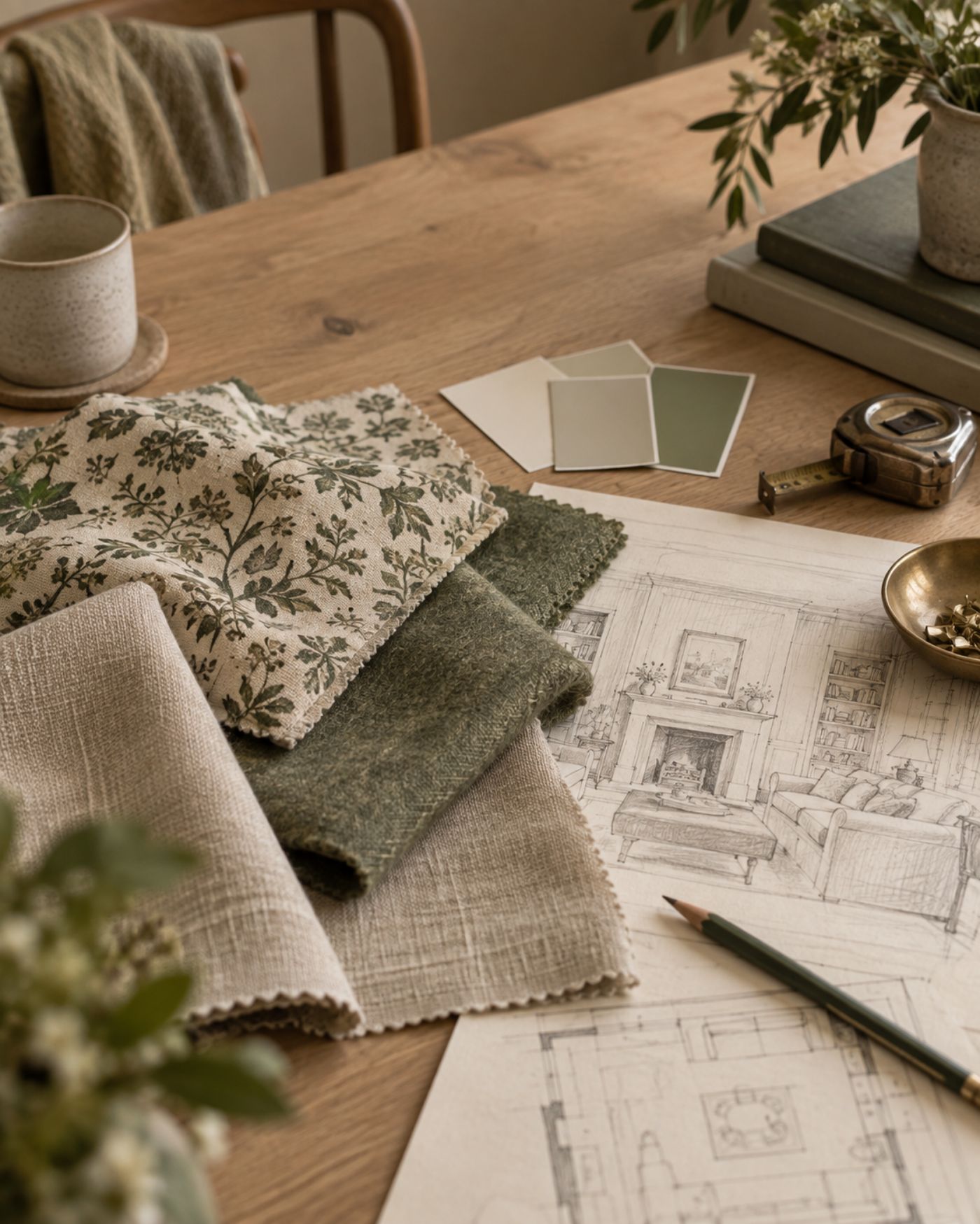 Fabric samples, paint swatches and a pencil sketch of a drawing room on an oak worktable