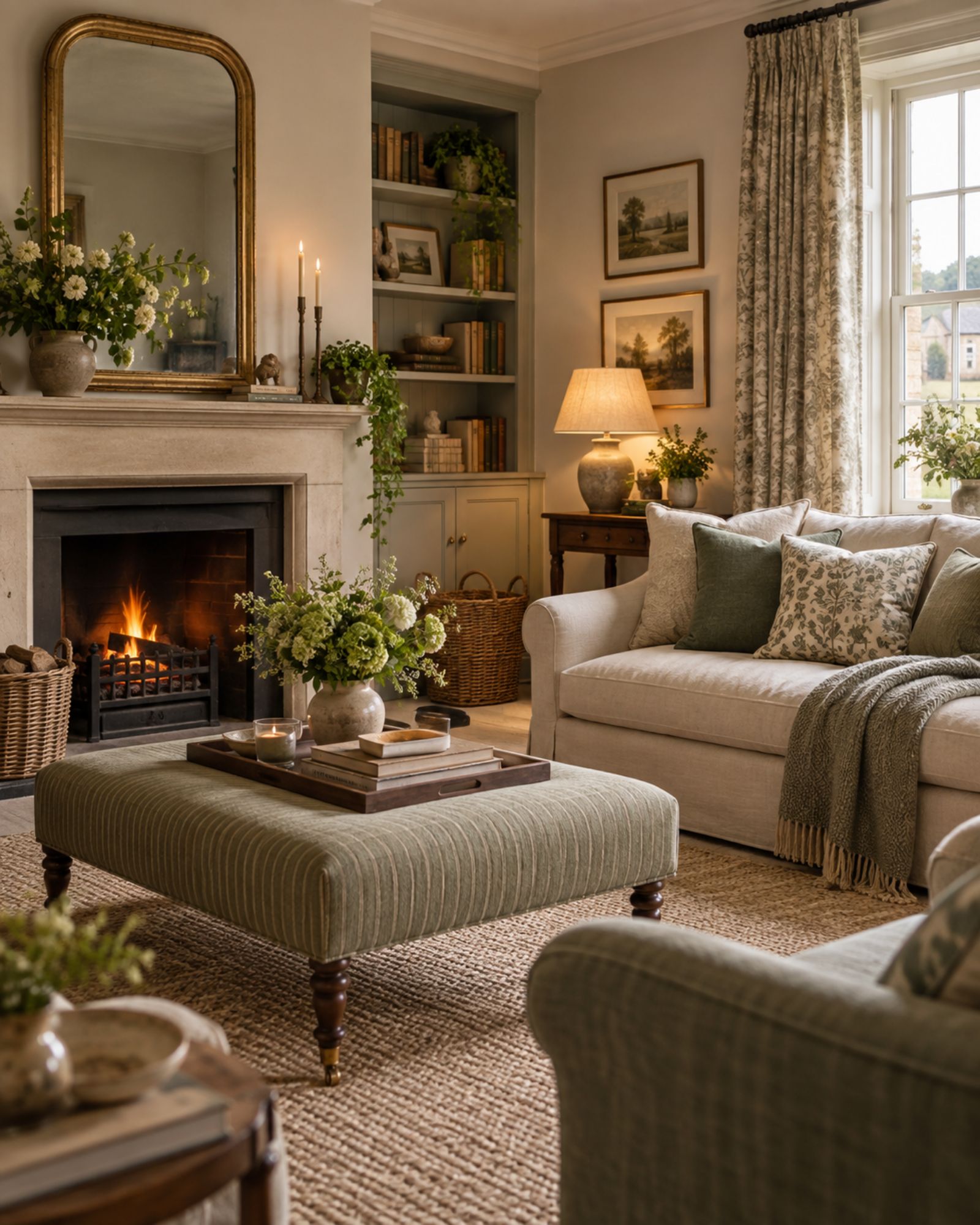A drawing room with a lit fire, linen sofa and sage green cushions